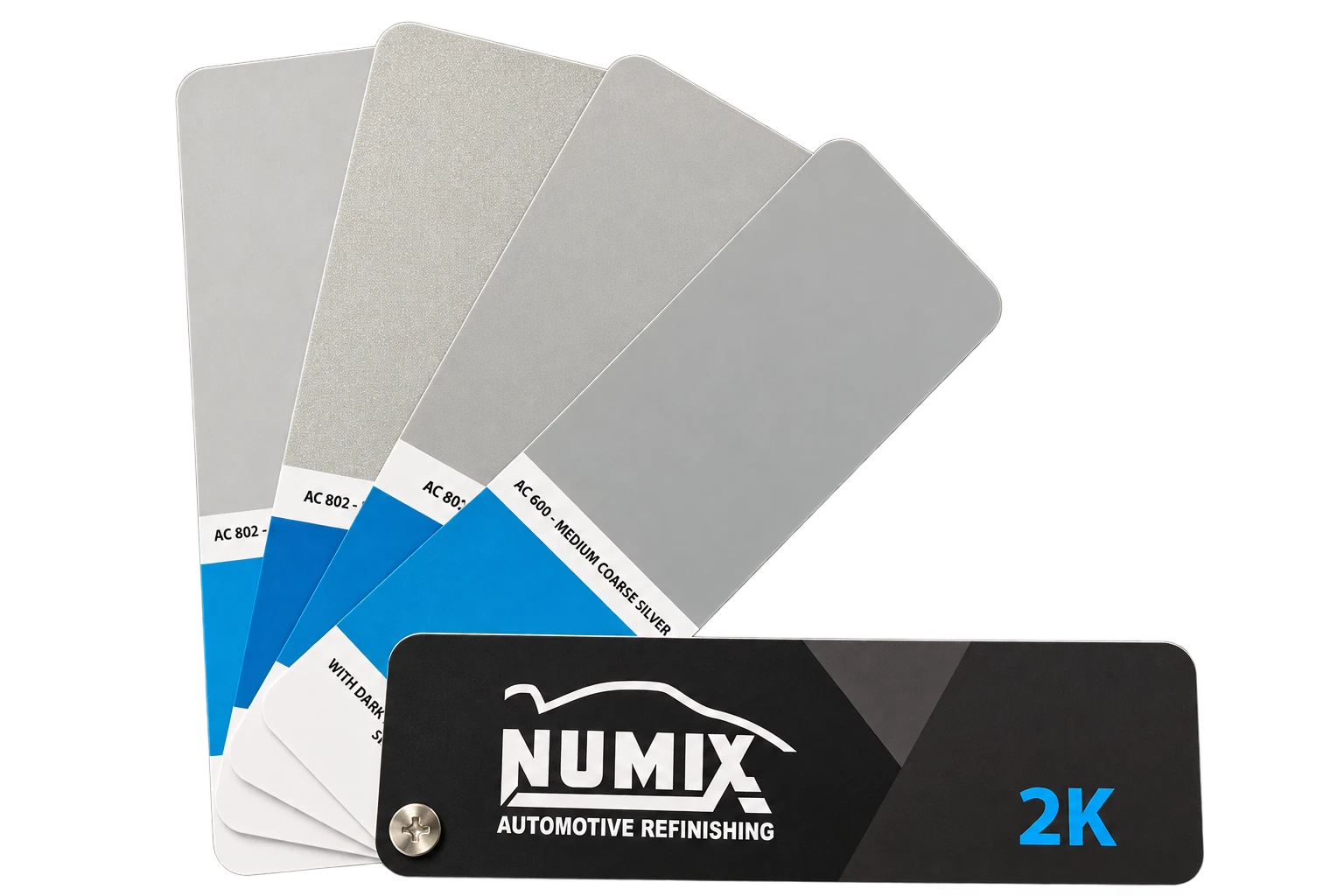NUMIX Automotive Refinishing 2K fan deck opened to silver and metallic paint finish samples