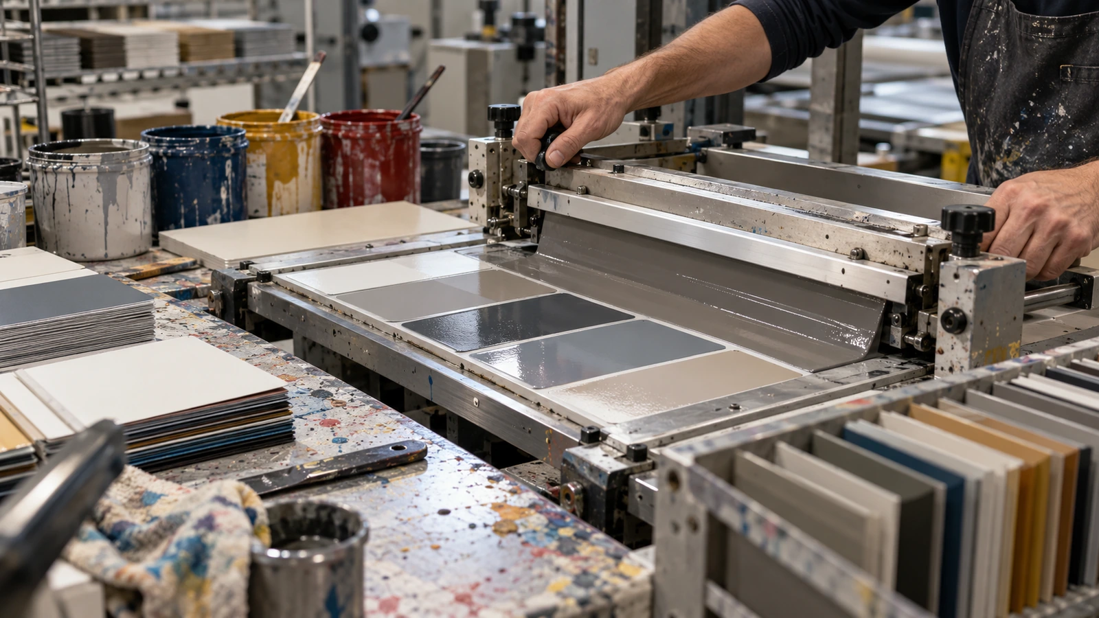 Coating applicator and prepared sample sheets on a working bench