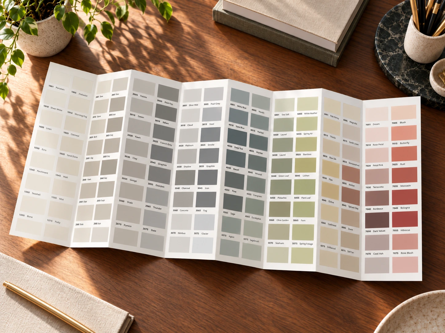 Foldout color card displayed on a work surface