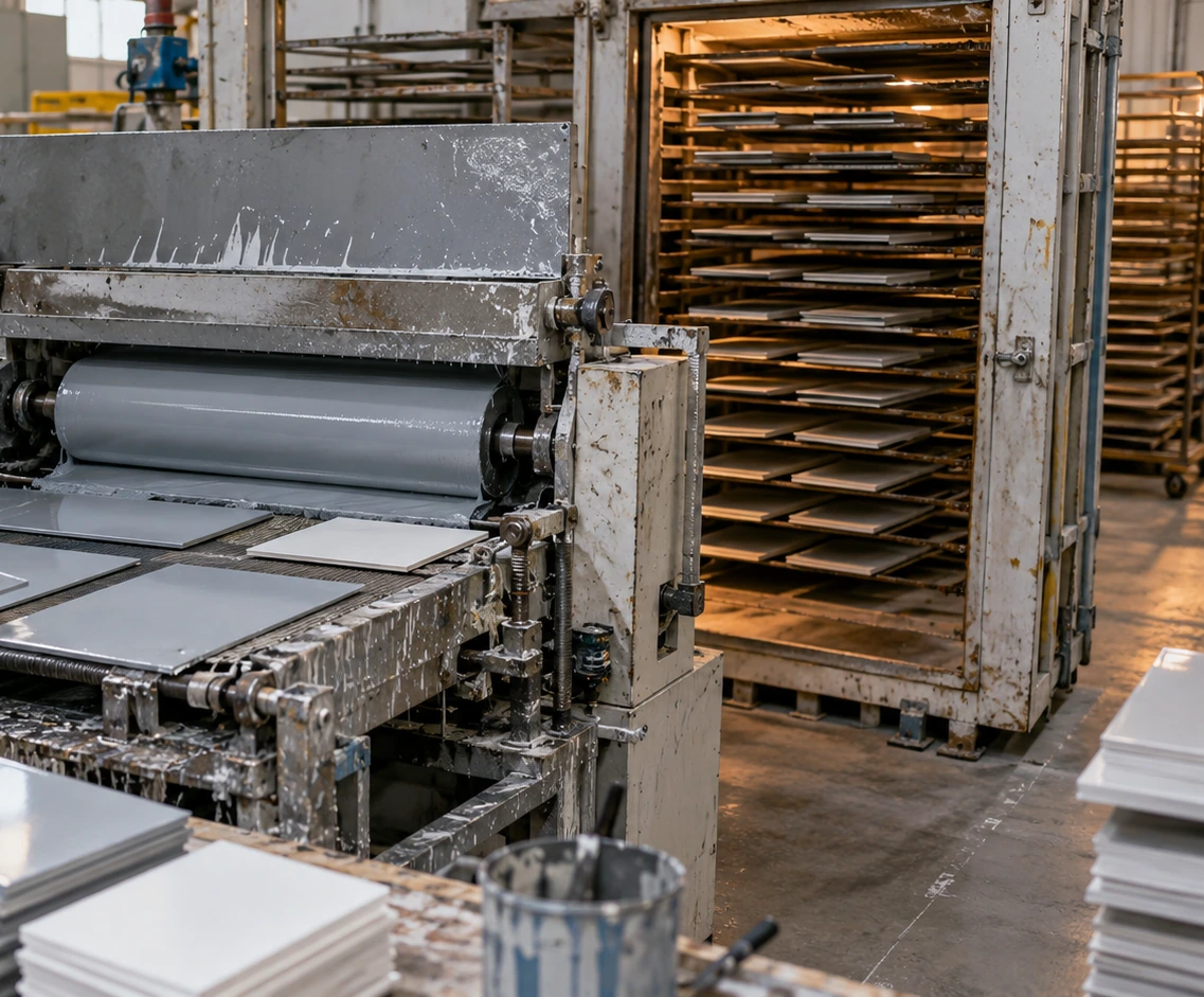 Roller coating equipment and racks of prepared sheets
