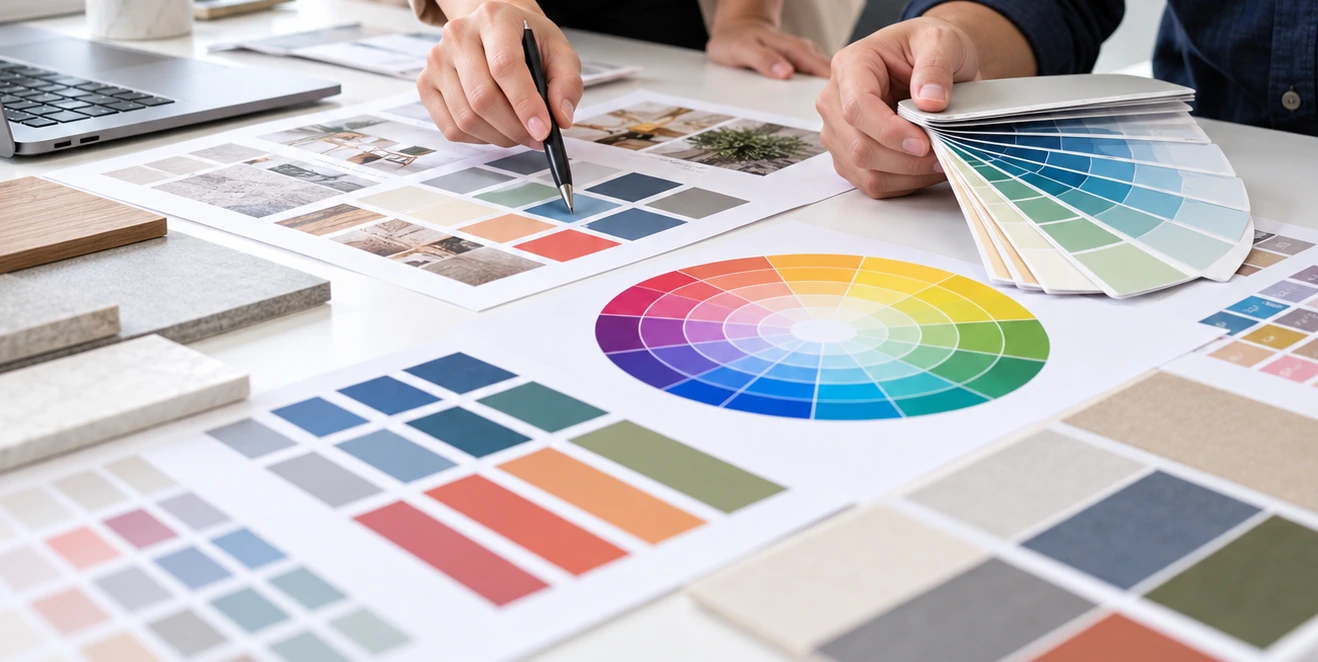 Printed color references and a color wheel used during a design review
