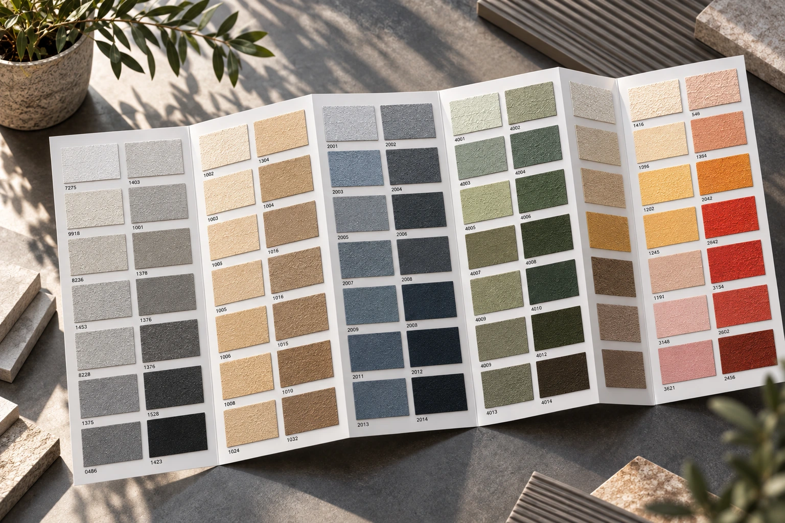 Textured coating samples mounted on a folding presentation card