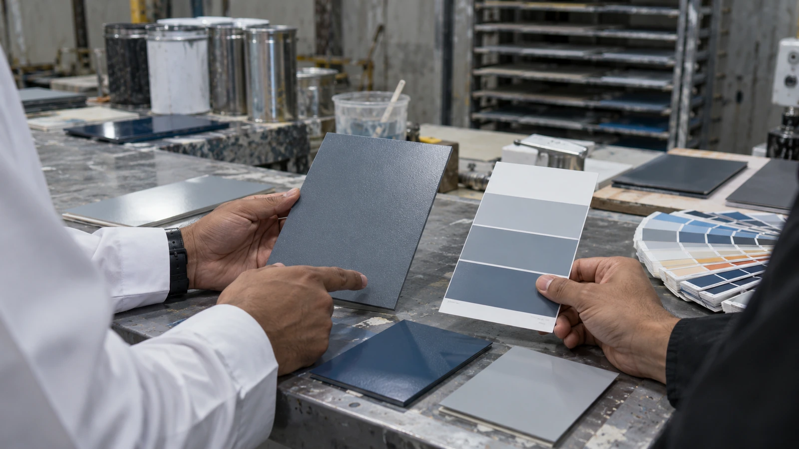 Hands comparing a textured coating sample with printed color references