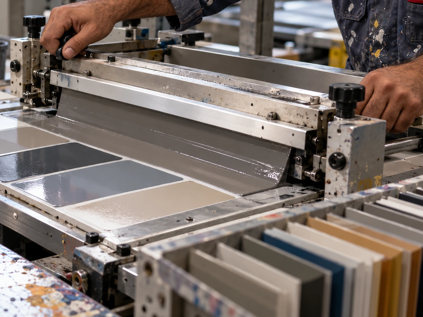 Hands adjusting a coating applicator above sample sheets