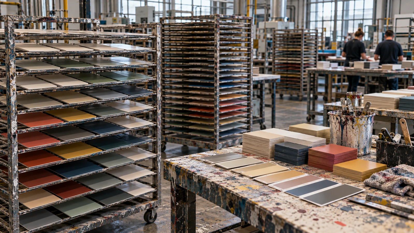 Color sample sheets arranged on workshop drying racks