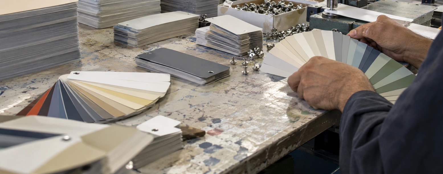Hands reviewing a fan deck beside binding hardware