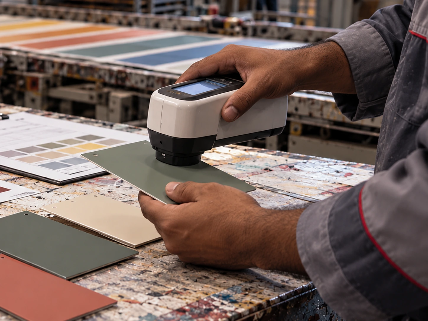 Hands positioning a measurement instrument on a coated color sample