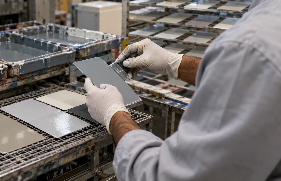 Gloved hands reviewing a freshly prepared color sample