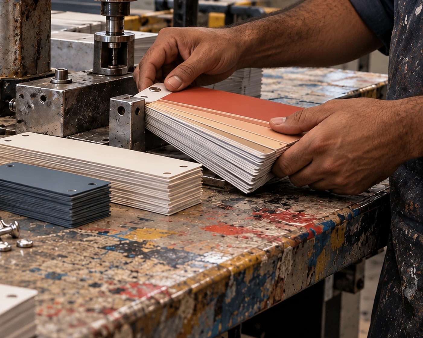 Hands aligning individual sample leaves next to a binding fixture