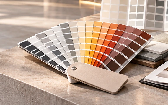 Fan deck with separate color leaves displayed alongside sample presentation tools
