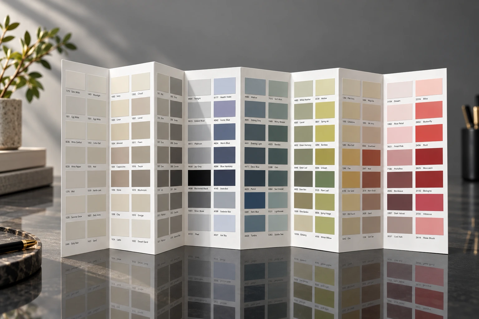 Organized color chart with individually identified swatches