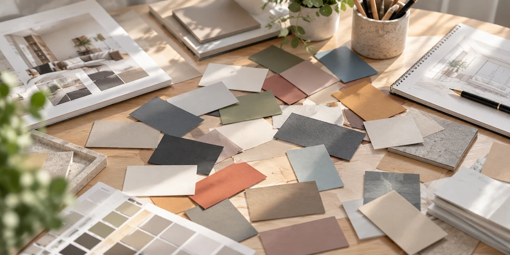 Color reference panels inspected during professional color sample development