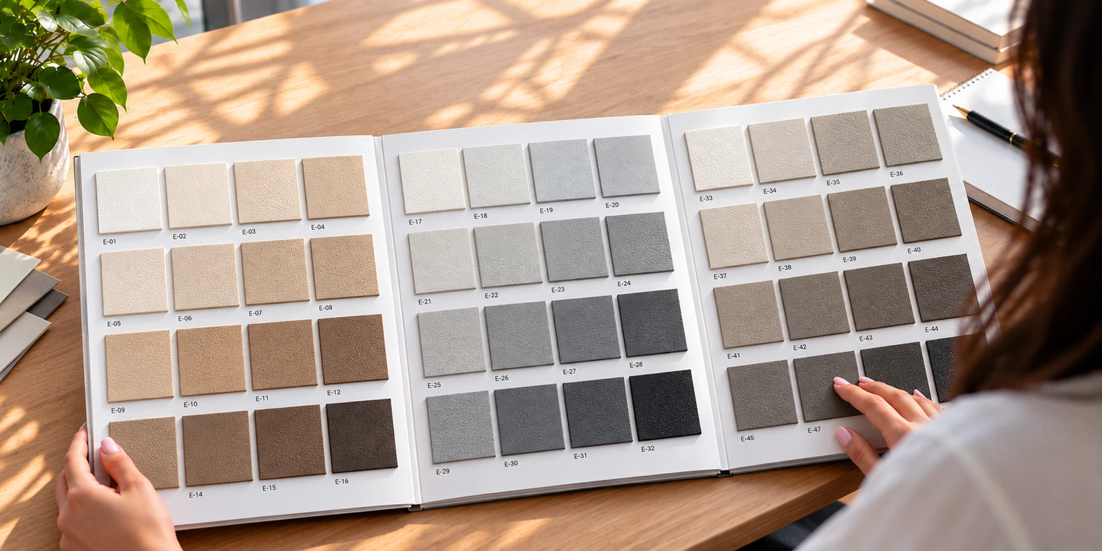 Hands reviewing a neutral texture sample catalog