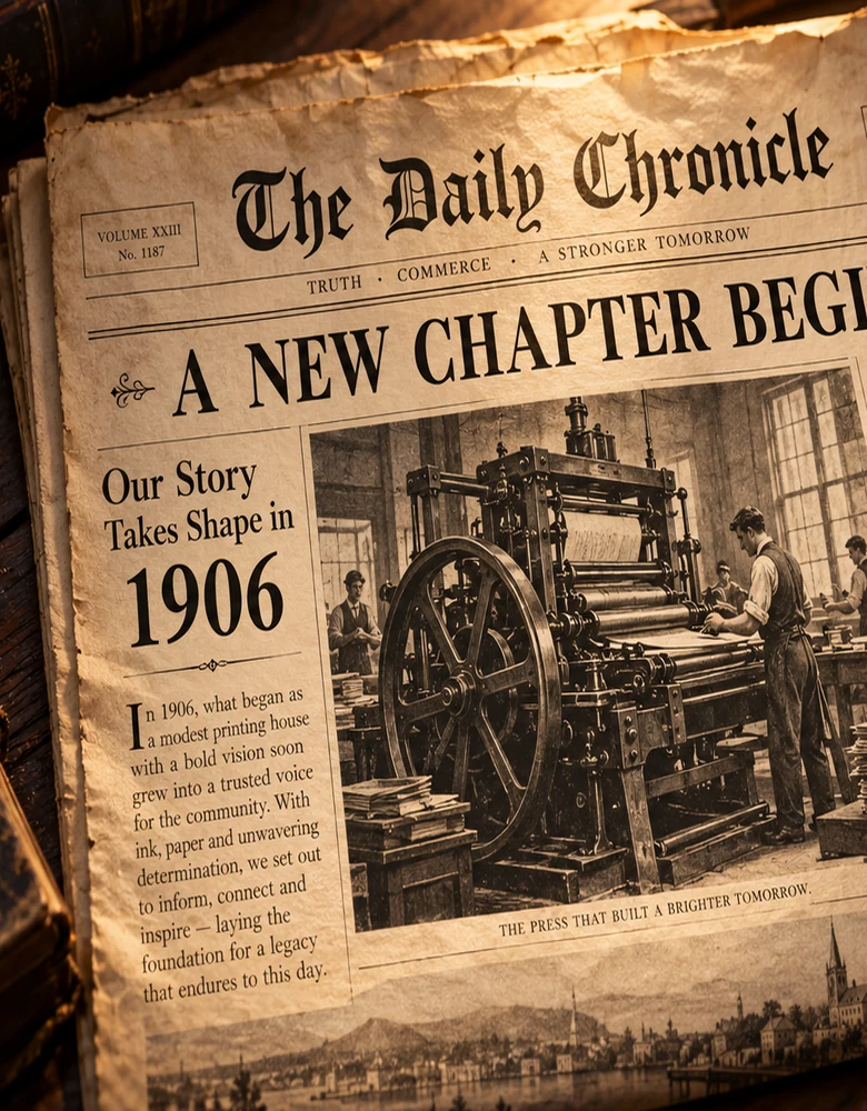 Heritage-inspired illustration of a 1906 newspaper featuring a historic printing press