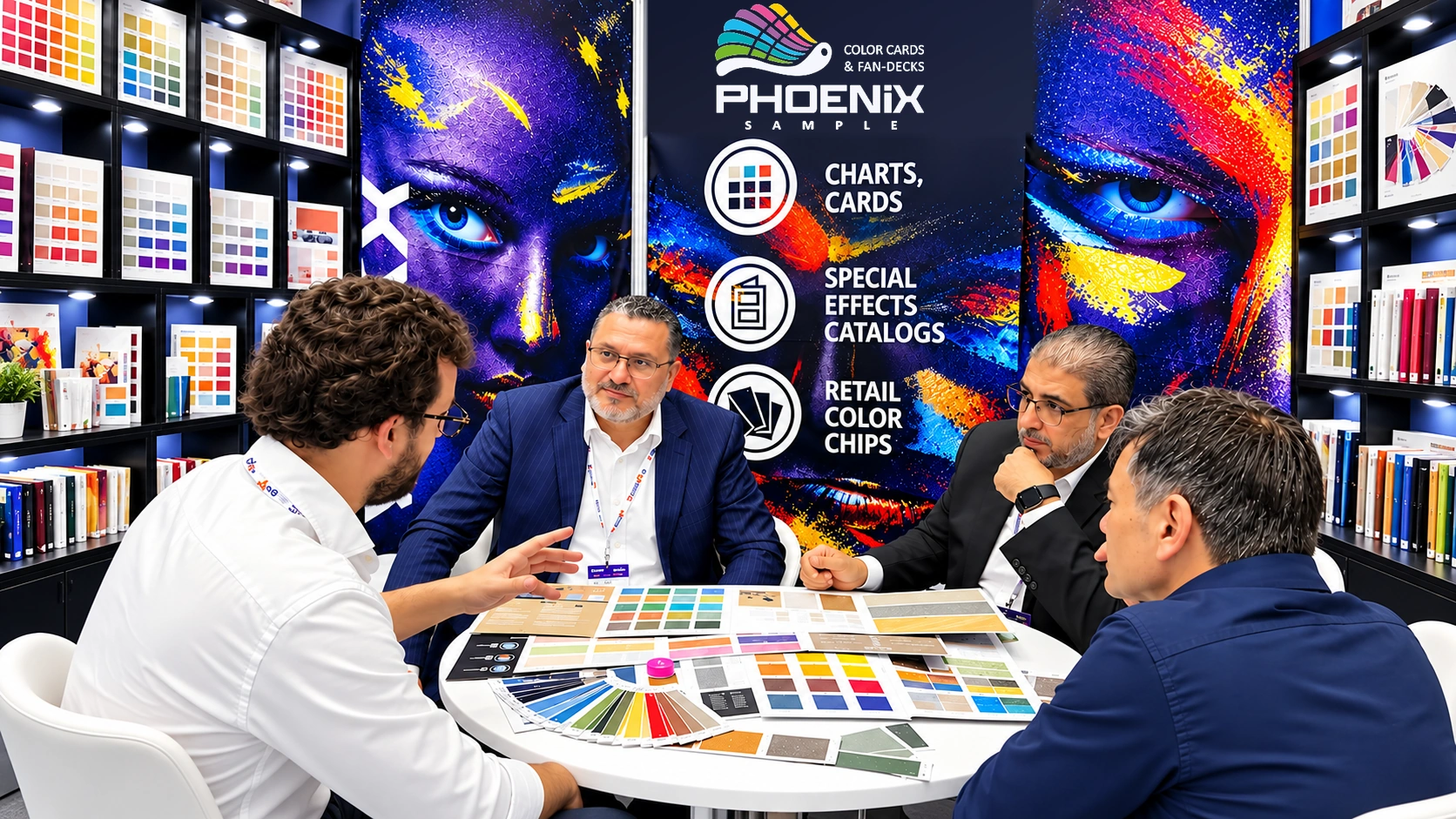 PHOENiX Sample team meeting clients at an exhibition