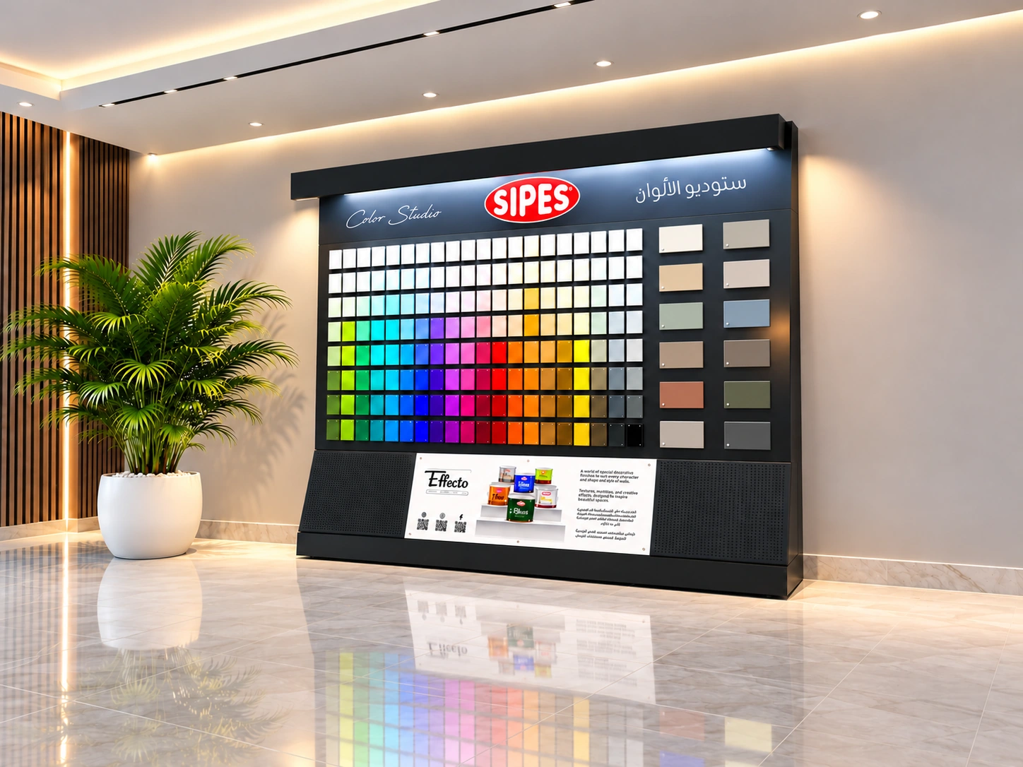 SIPES Color Studio retail display with twelve individually solid neutral-tone swatches and a potted palm