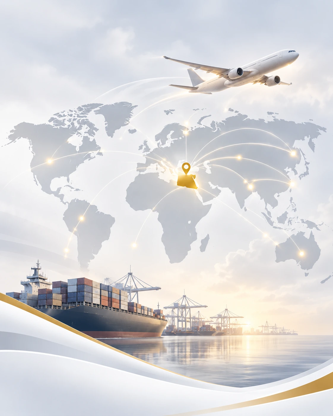 Routes logistiques mondiales au départ de l’Égypte, avec navire cargo et avion sur une carte du monde stylisée