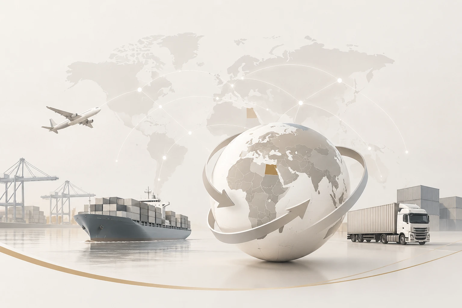 Illustration of international sea, air and land freight supporting global distribution