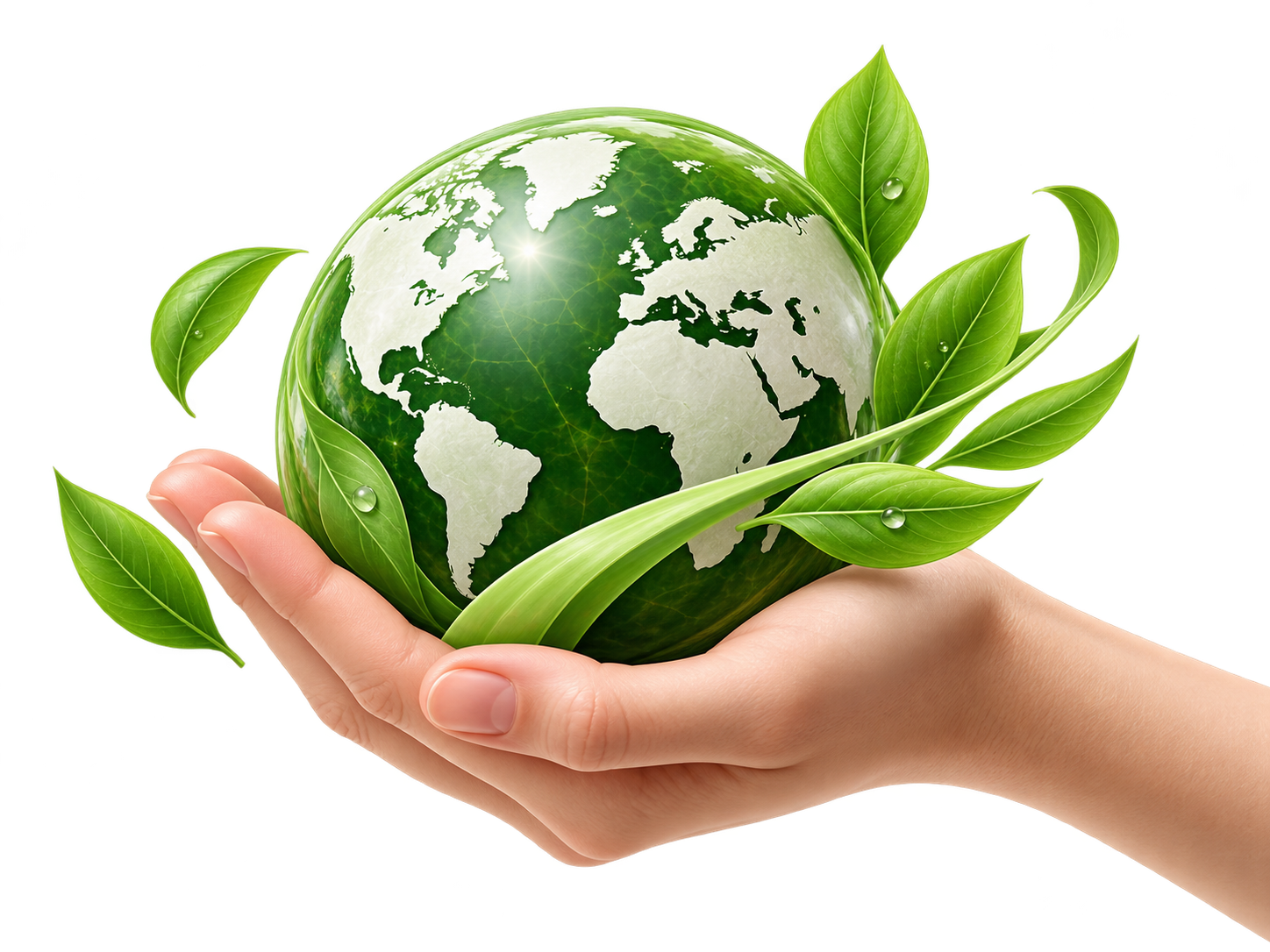 Sustainability illustration with a hand holding a green globe